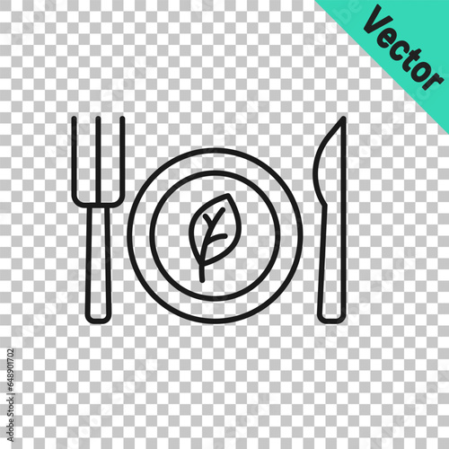 Black line Vegan food diet icon isolated on transparent background. Organic, bio, eco symbol. Vegan, no meat, lactose free, healthy, fresh and nonviolent food. Vector