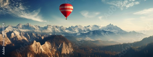 A balloon, a aerostat flying over the mountains, a bird's-eye view of the landscape, the concept of tourism, hobbies and travel.
