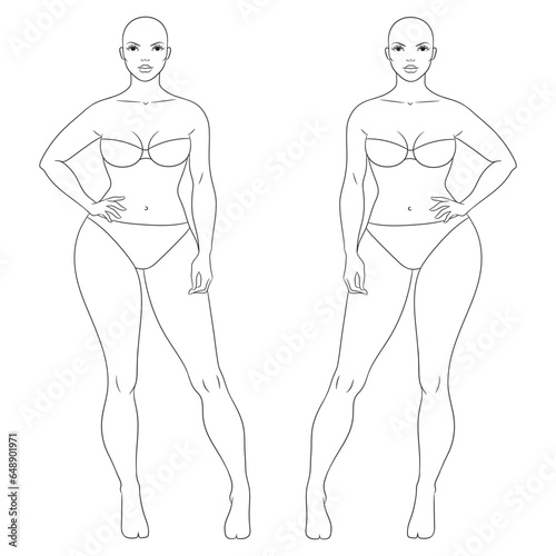 Plus size female fashion figure posing, vector template. Curvy woman body vector line illustration. Curvy fashion model croqui.