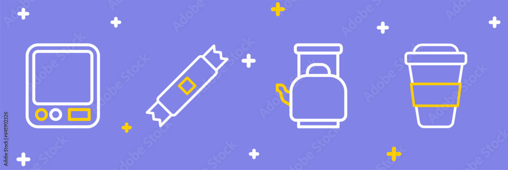 Set line Coffee cup to go, Kettle with handle, Sugar stick packets and Electronic coffee scales icon. Vector Set line Coffee cup to go, Kettle with handle, Sugar stick packets and Electronic coffee scales icon. Vector