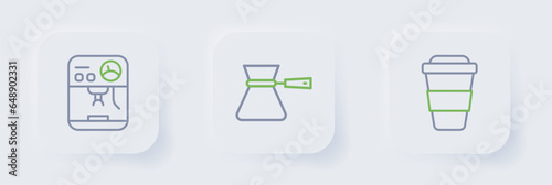 Set line Coffee cup to go, turk and machine icon. Vector