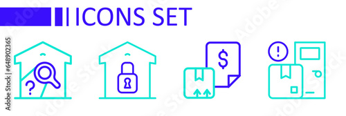 Set line Home delivery services, Waybill, Closed warehouse and Warehouse check icon. Vector