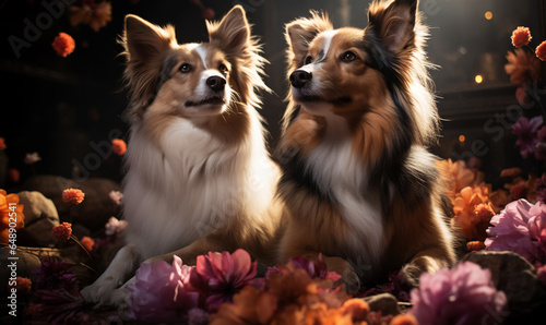 Two border collies with flowers and falling blossom, beautiful dog portrait