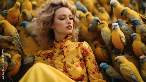 Woman with yellow birds