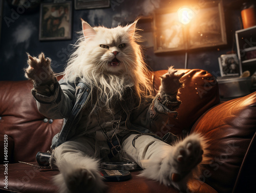 Heavy metal Persian cat in leather jacket  rocking out to alternative music on red leather couch  white kitty  urban pets