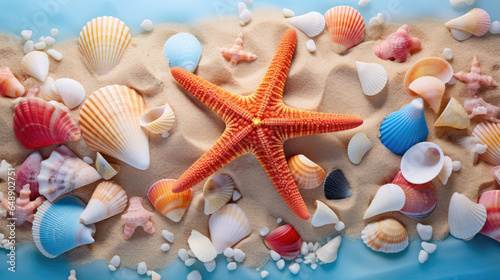 Serene tropical beach scene with a vibrant starfish resting on the golden sands, creating a picture-perfect paradise.