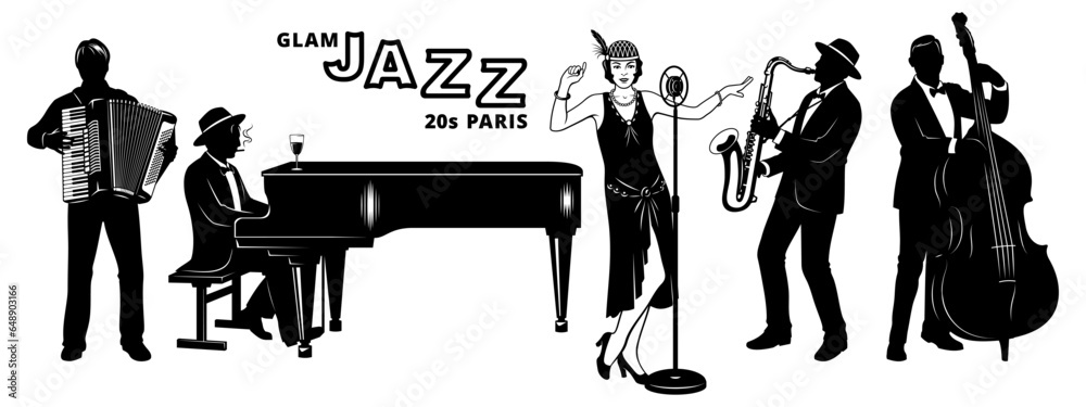 Fototapeta premium Retro French Jazz Band of 20s. Silhouettes Set. Flapper girl singer, Pianist, Accordionist, Double Bassist, Saxophonist. Vector cliparts isolated on white.