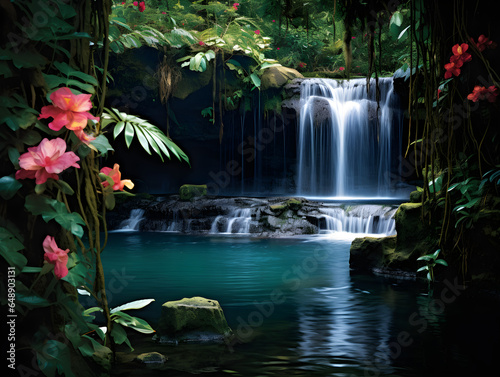 Serenity Waterfall Scene: Reflective Basin, Lush Ferns, Vibrant Flowers