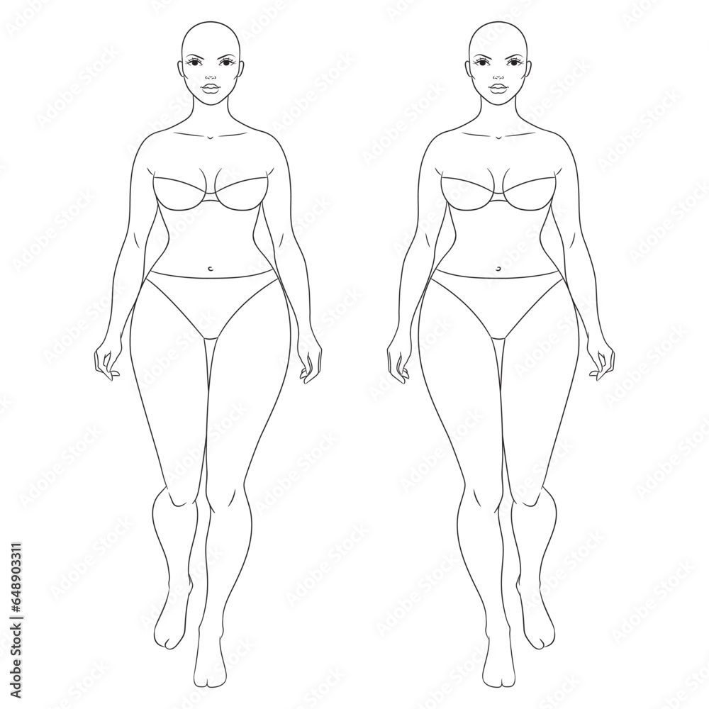 Plus size female fashion figure , vector template. Curvy woman body vector line illustration. Curvy fashion model walking. Plus size female fashion figure , vector template. Curvy woman body vector line illustration. Curvy fashion model walking.