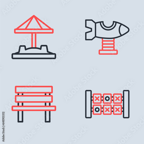 Set line Swing plane, Bench, Education logic game and Sandbox with sand icon. Vector