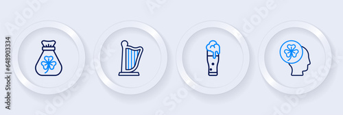 Set line Head with clover trefoil leaf, Glass of beer, Harp and Money bag icon. Vector