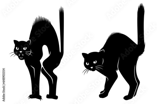 Scared Cats Silhouettes. Witch's black cat. Cartoon and realistic versions. Vector cliparts isolated on white.