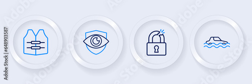 Set line Flood car, Broken or cracked lock, Shield and eye and Life jacket icon. Vector