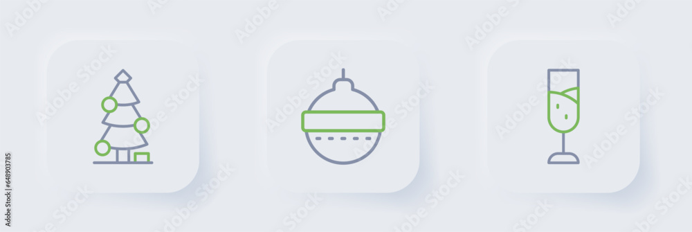 Set line Glass of champagne, Christmas ball and tree icon. Vector Set line Glass of champagne, Christmas ball and tree icon. Vector