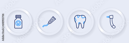 Set line Tooth drill, Broken tooth, Tube of toothpaste and Toothache painkiller tablet icon. Vector