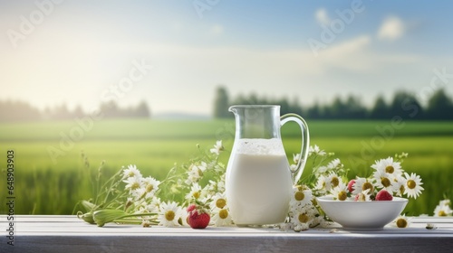 jug with milk and fresh fruits summer field background