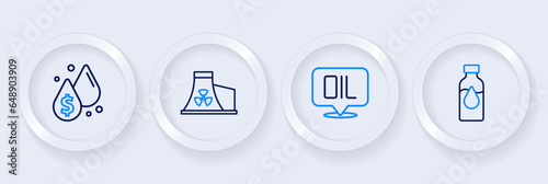 Set line Oil petrol test tube, Word oil, Nuclear power plant and drop with dollar symbol icon. Vector