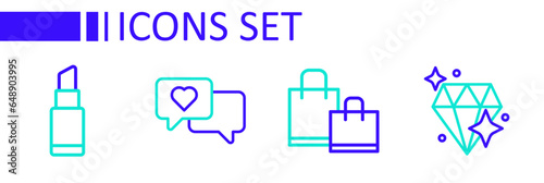 Set line Diamond, Paper shopping bag, Heart speech bubble and Lipstick icon. Vector