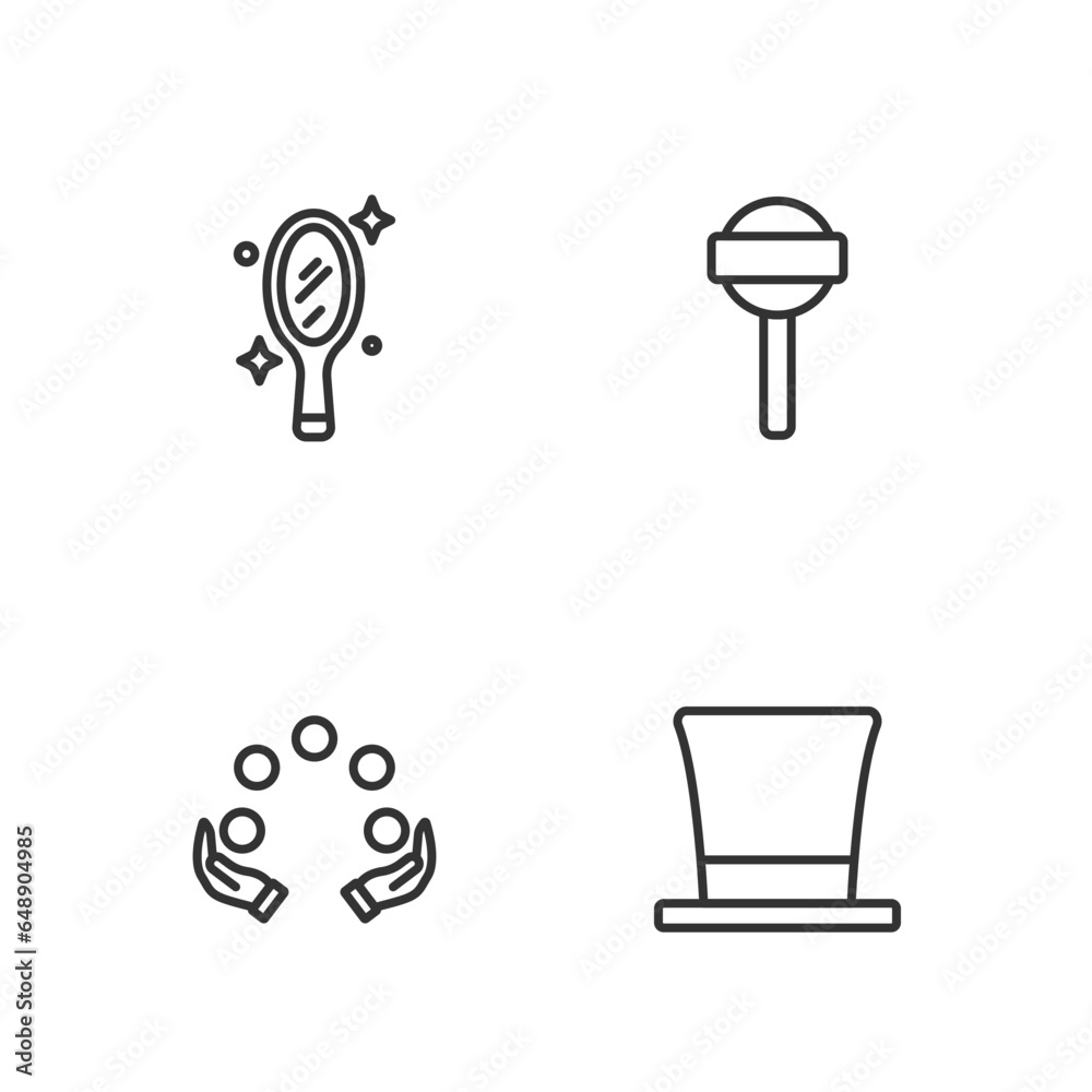 Set line Cylinder hat, Juggling ball, Magic hand mirror and Lollipop icon. Vector Set line Cylinder hat, Juggling ball, Magic hand mirror and Lollipop icon. Vector