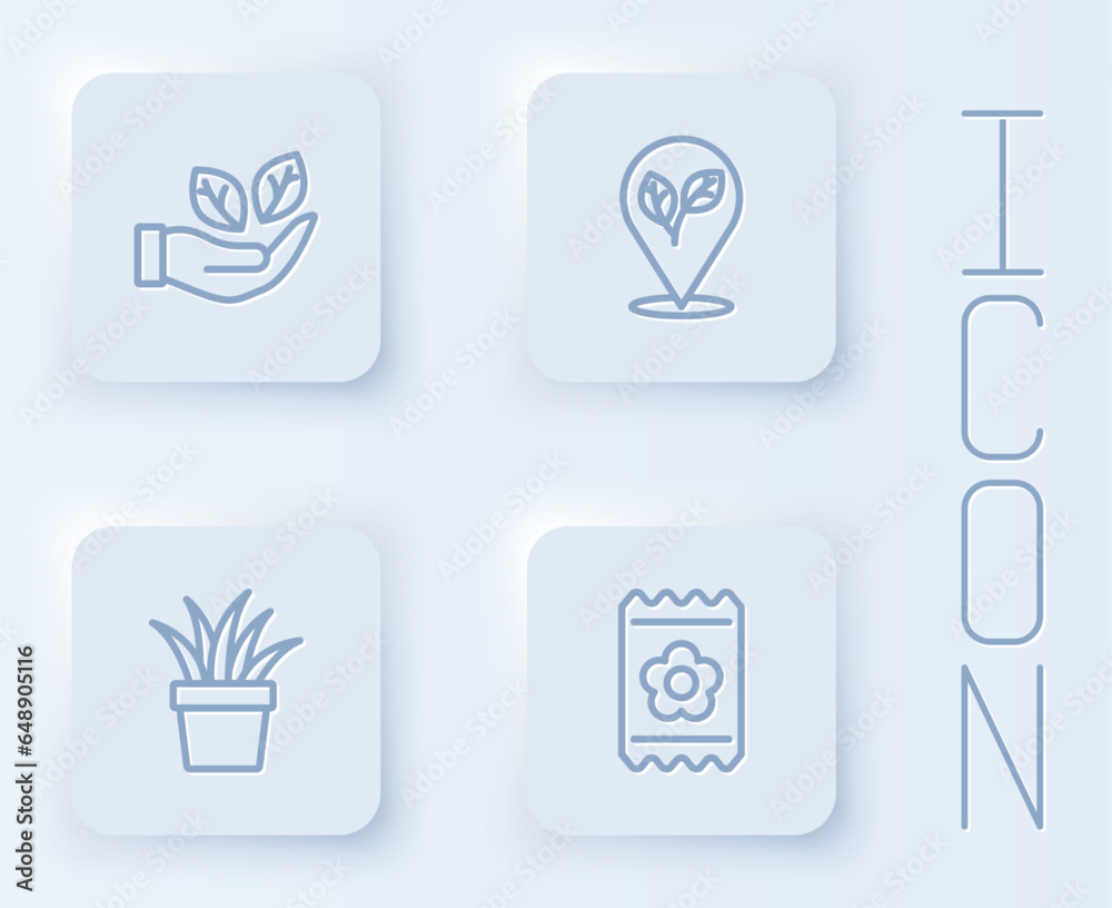 Set line Leaf in hand, Location with leaf, Plant pot and Pack full of seeds. White square button. Vector Set line Leaf in hand, Location with leaf, Plant pot and Pack full of seeds. White square button. Vector