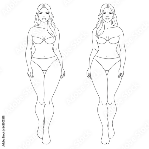 Plus size female fashion figure , vector template. Curvy woman body vector line illustration. Curvy fashion model walking.