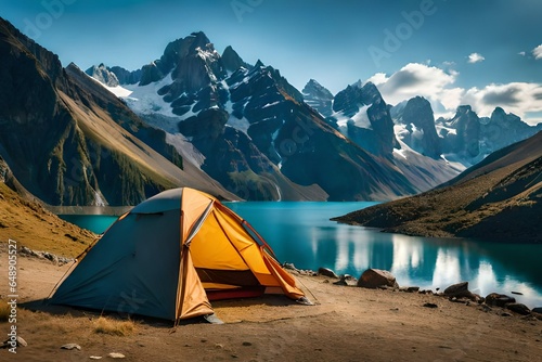 Tourist camp in the mountains, tent in the foreground