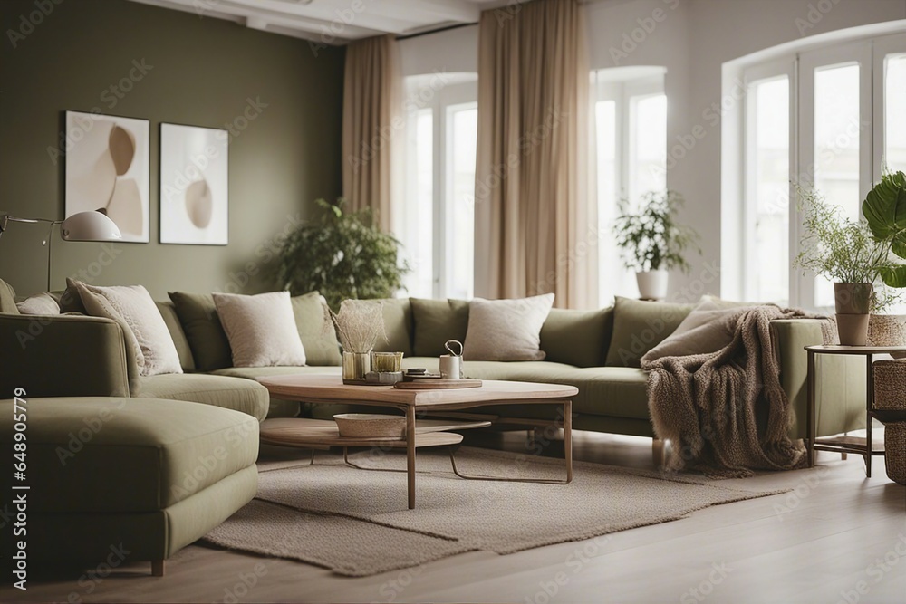 Scandinavian interior design showcasing a spacious main room adorned in minimalist aesthetics. Dominant white palette complemented by olive accents, reflecting attributes of Nordic decor.