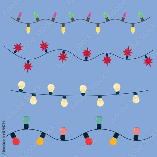 Set of Christmas decorations with bright light garlands.