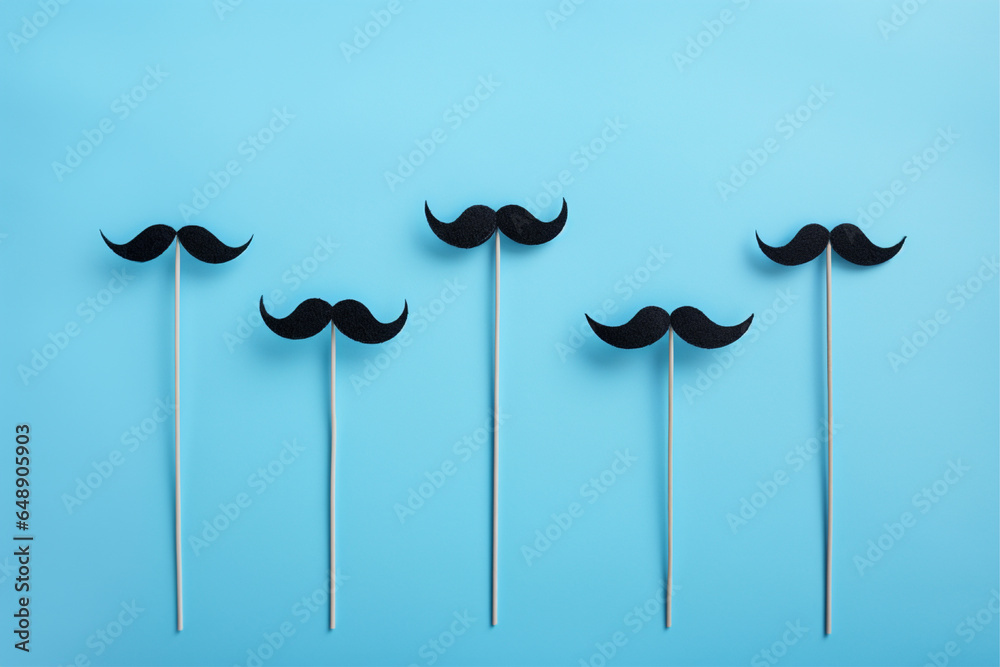 movember concept, black mustaches with sticks on a blue background - obrazy, fototapety, plakaty 