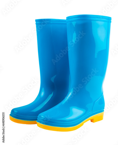 Billede på lærred A Pair of blue and yellow rubber boots isolated on white background, Saved clipping path