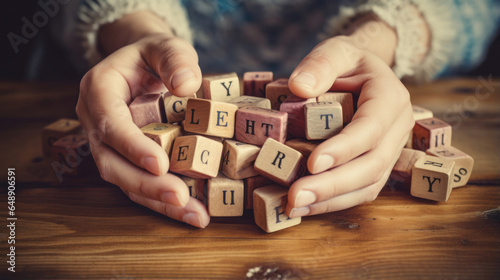 Wooden letter cubes and creative hands, ready for wordplay. Generative AI. photo