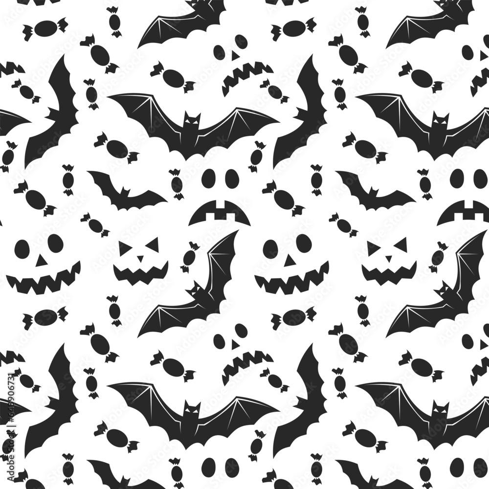 seamless halloween pattern with skulls, bat, pumpkin, witch hat, broom, candies and spiders. black and white