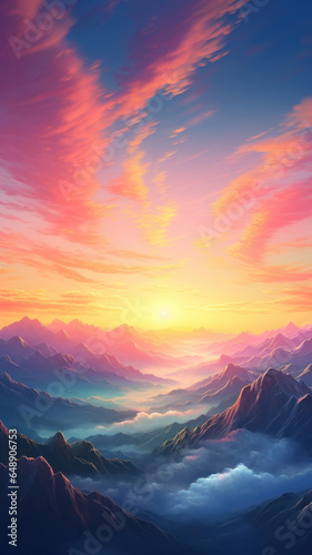 A vibrant and colorful illustrative landscape, perfect for game or mobile app backgrounds. © STOCK-AI