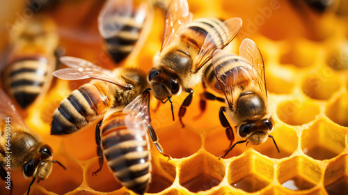 Busy bees making golden honey in the vibrant yellow hive. © STOCK-AI