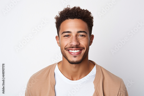 advertising portrait of smiling attractive young man with white teeth. Friendly expression. Features of Latin race. About 25 to 30 years old. White isolated background.