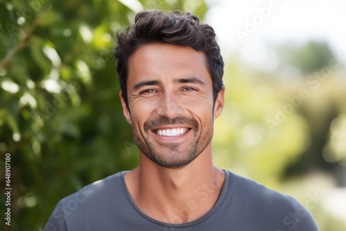 advertising portrait of smiling attractive young man with white teeth. Friendly expression. Spanish features. 