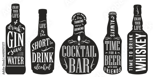 Alcoholic bottles set labels monochrome