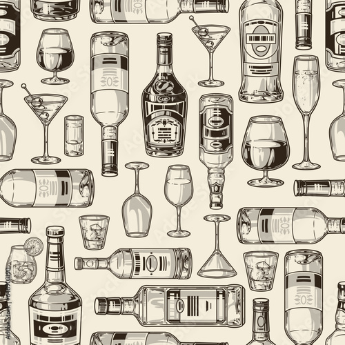 Alcoholic drinks seamless pattern monochrome