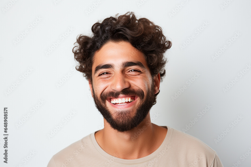 advertising portrait of smiling attractive young man with white teeth. Friendly expression. Spanish features. About 25 years old. Blurred background. - obrazy, fototapety, plakaty 