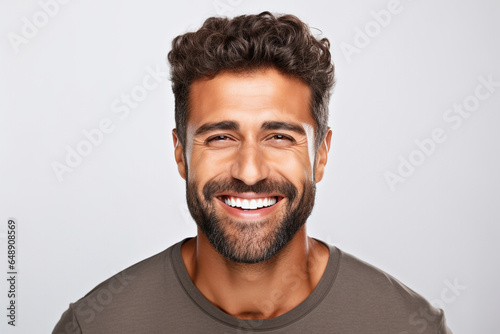 advertising portrait of smiling attractive young man with white teeth. Friendly expression. Spanish features. About 30 years old. Blurred background. photo
