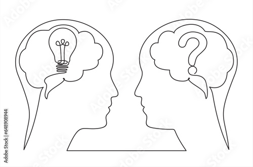 Fototapeta Naklejka Na Ścianę i Meble -  Head mind people with light bulb  and question thinking brain, continuous line. Question and answer, solving problem or business solution, FAQ concept.