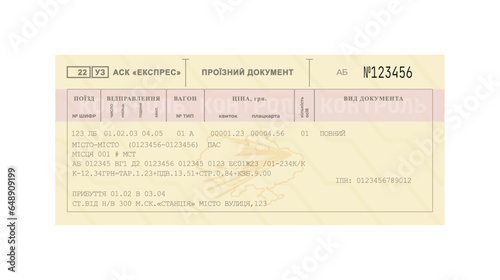 Ukrainian railways ticket template isolated on a white background. Ukrainian travel document, boarding pass vector illustration photo