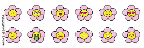 Pixel art flower emoji icon set. Retro game 8 bit. Emoticon with various emotions cute faces for web, social media and app.