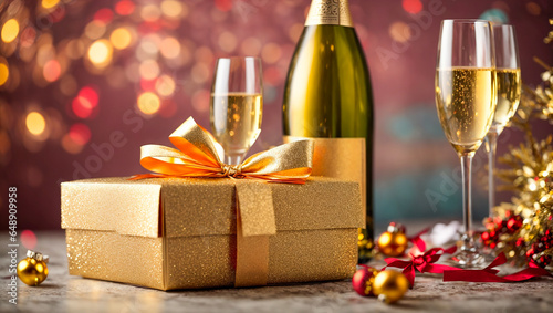 Beautiful glasses with champagne, bokeh, festive background gift box with bow