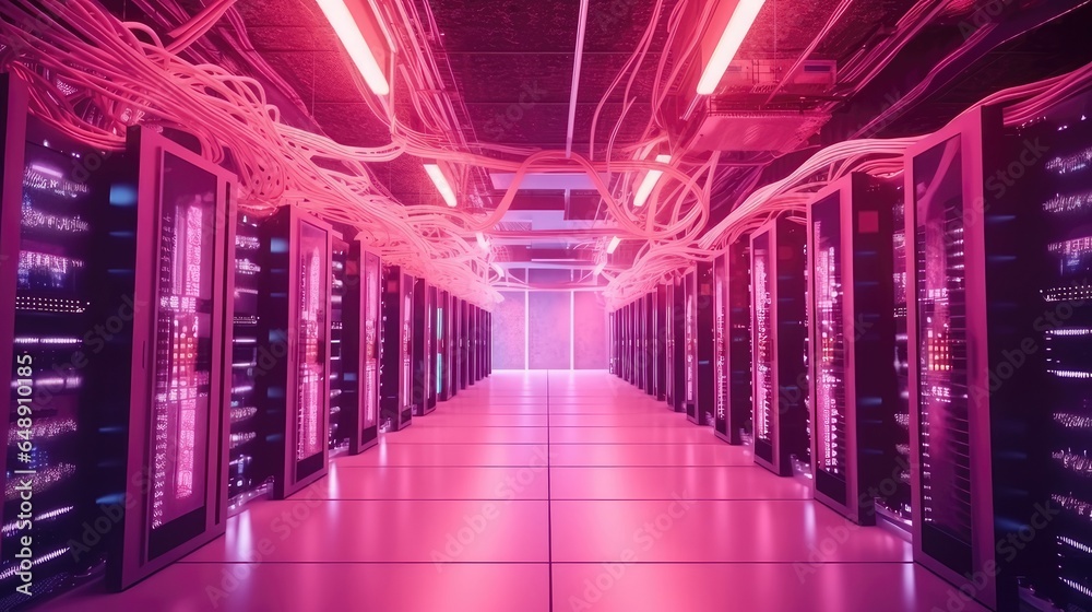 Fototapeta premium Data Center Network Background. Server Room with Switch, Internet Cables, and Fiber Optic Equipment