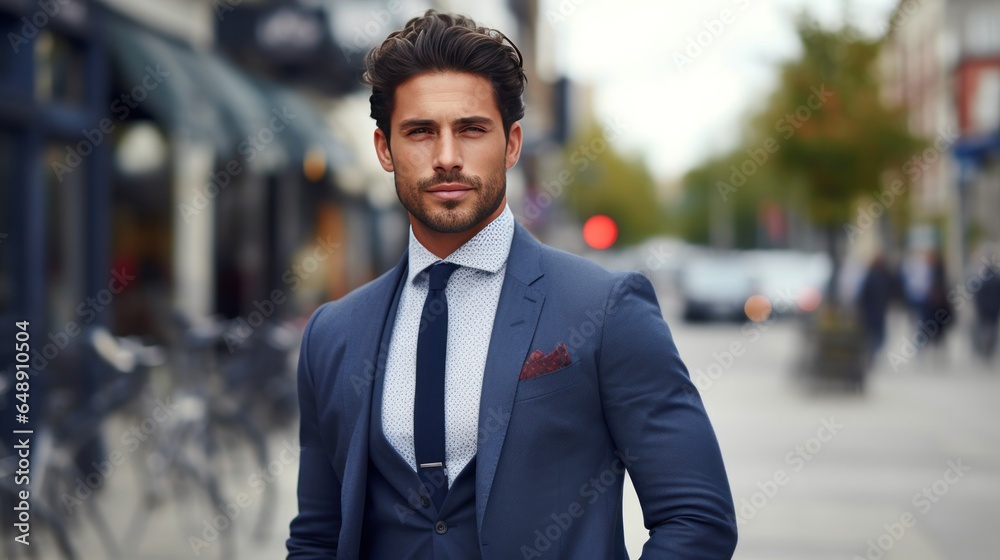 very handsome businessman in the city, blurred background very handsome businessman in the city, blurred background