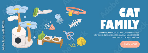 Banner with cat concept. Items and toys from pet shop. Landing page design. Scratching post, pink collar with medalion and knitted yellow ball. Poster for website. Cartoon flat vector illustration