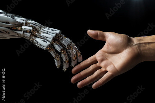 robot and human handshake on a black background