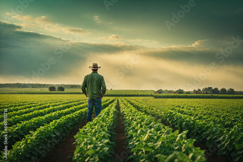 back view A proud farmer stands in a vibrant green field. ai generative photo