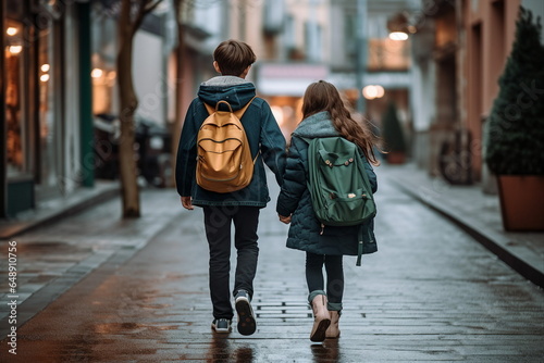 schoolboy and schoolgirl holding hands walking on street